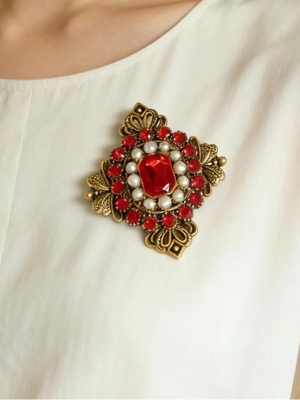 Anthropologie Gold-Tone Brooch with Red Stones and Pearl Accents